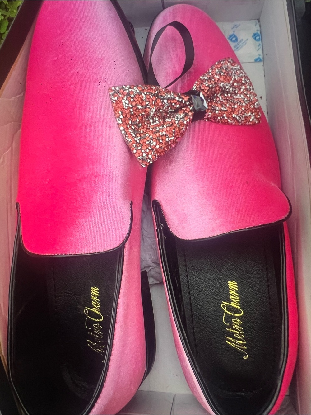 Fuchsia Velvet Slip-On Loafers with Glitter Bow Accent